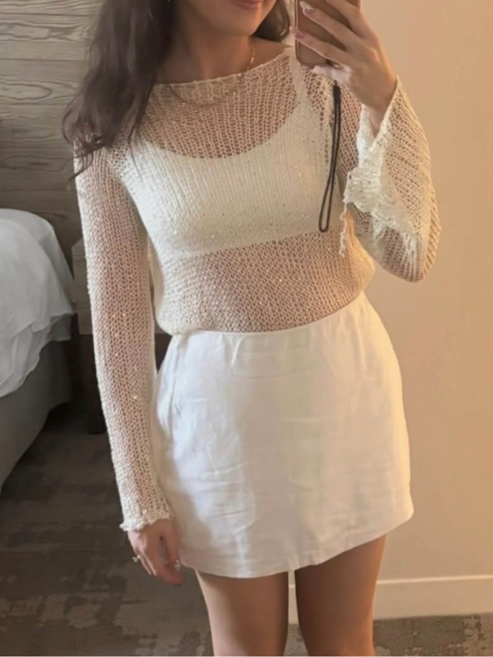 Cream & Gold Sequin Knit Crochet Long Sleeve Top